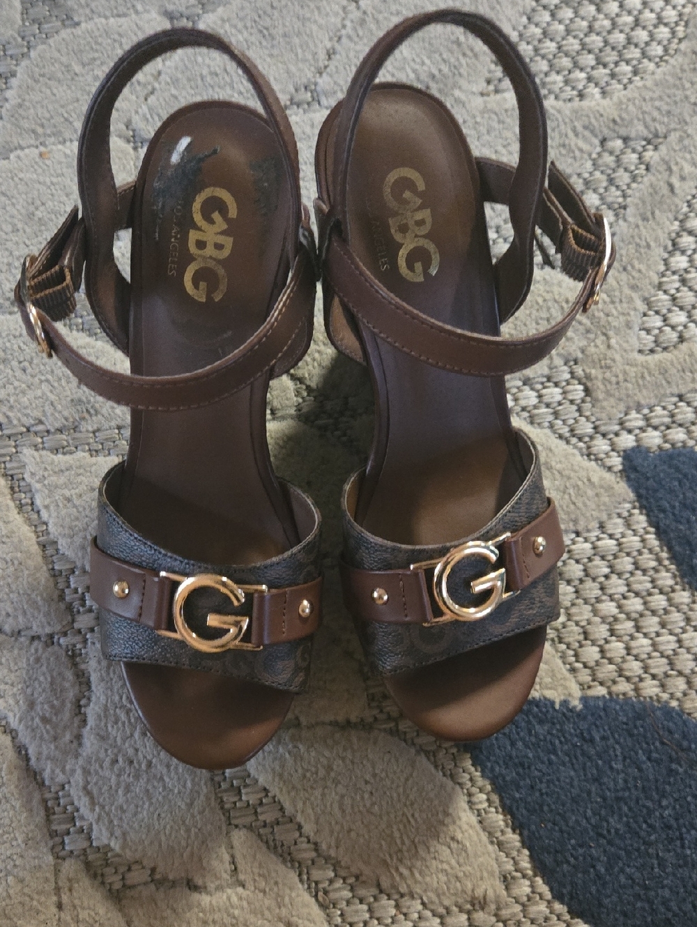 GBG Los Angeles Brown Heeled Sandals with Gold G Accent